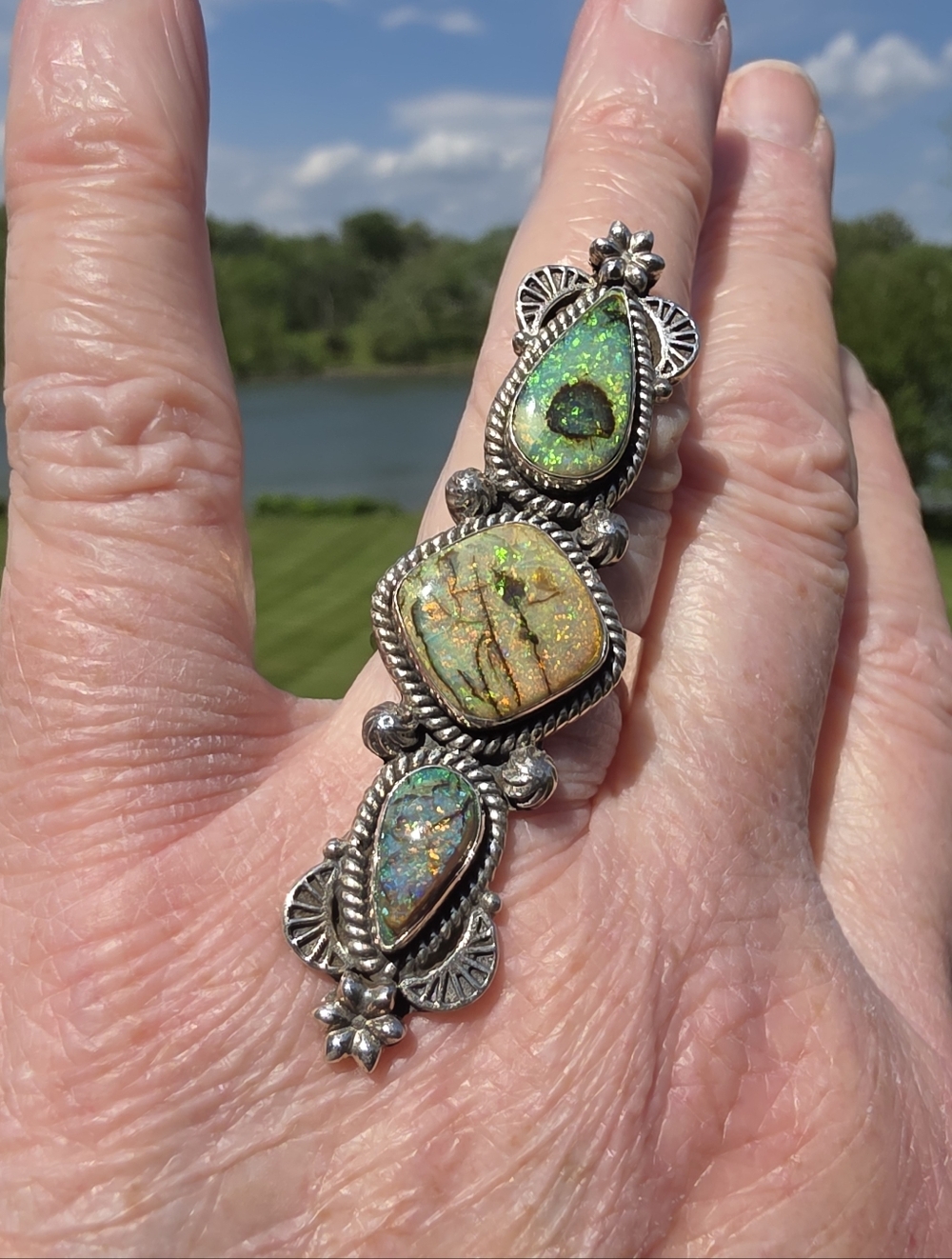 Triple Monarch Opal Gemstone Ring In 925 Sterling Silver (7);